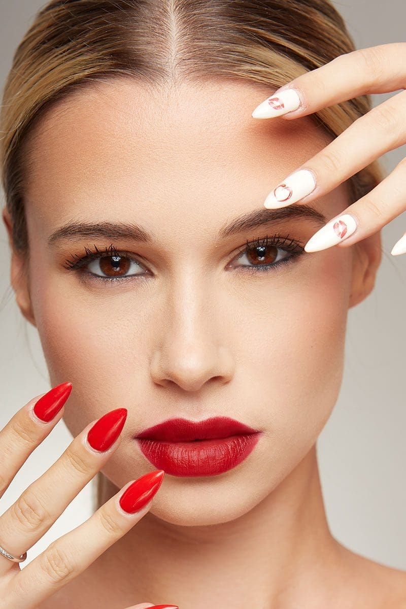 Fashion Model Makeup with white and red nail polish